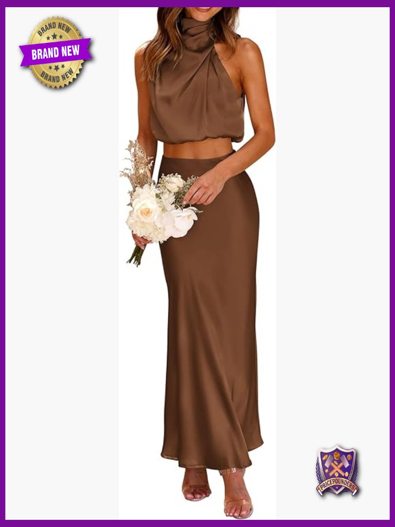 Women's 2 Piece Satin Outfits Sleeveless Mock Neck Crop Top And Long Skirt Set